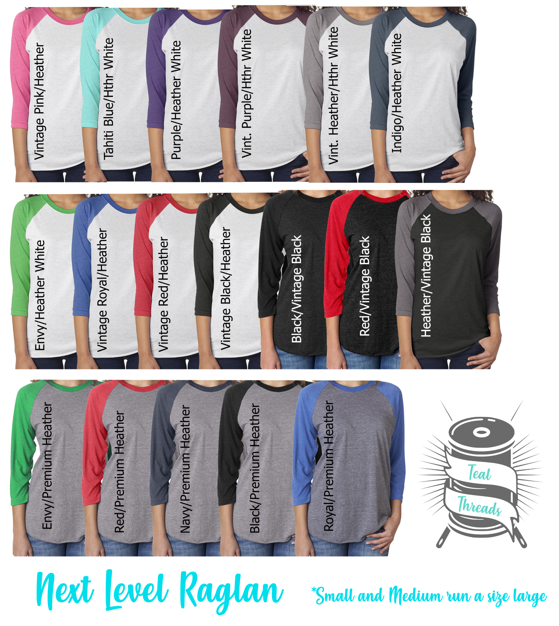 a group of women's raglan shirts with different colors
