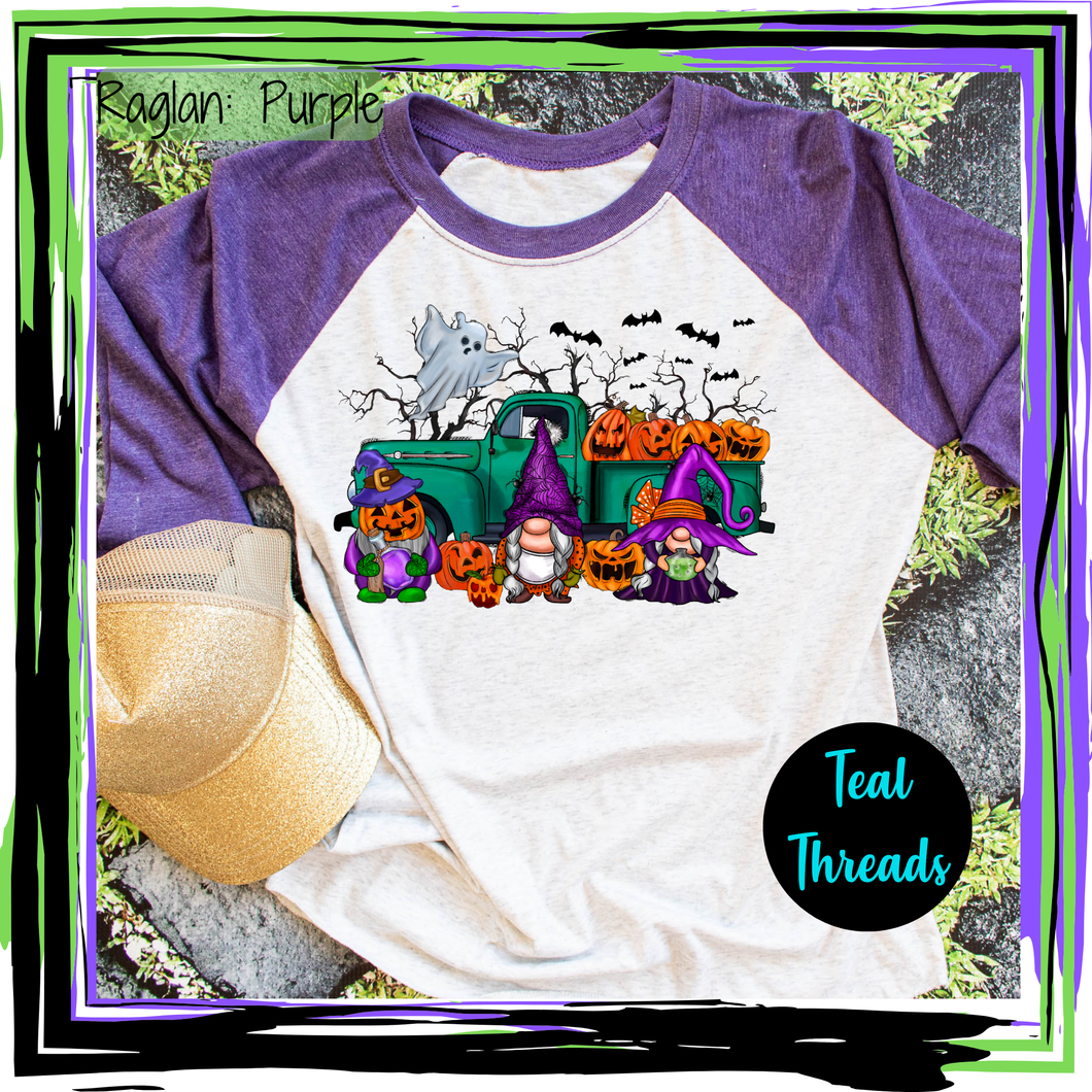 Green Truck Gnomes on Purple-Sleeve Raglan - XL (Sold as is)