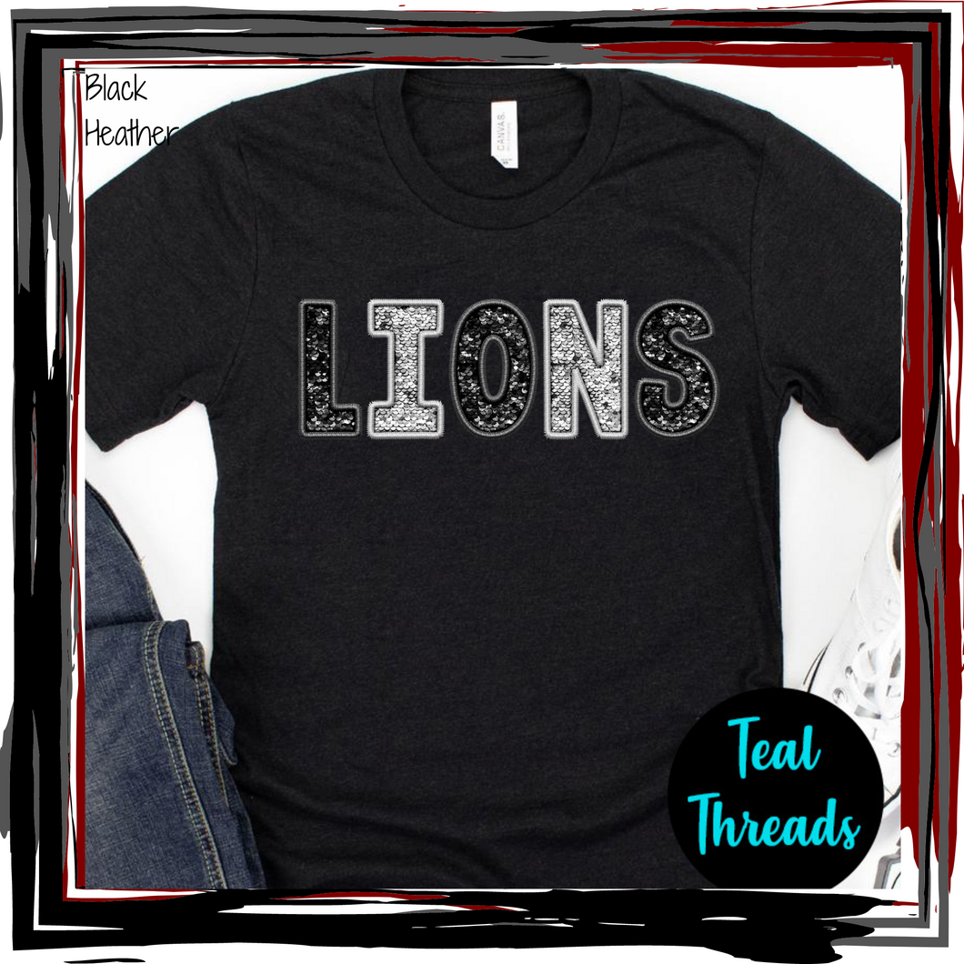 Lions Faux Sequin on Black Heather - 2X (Sold as is)