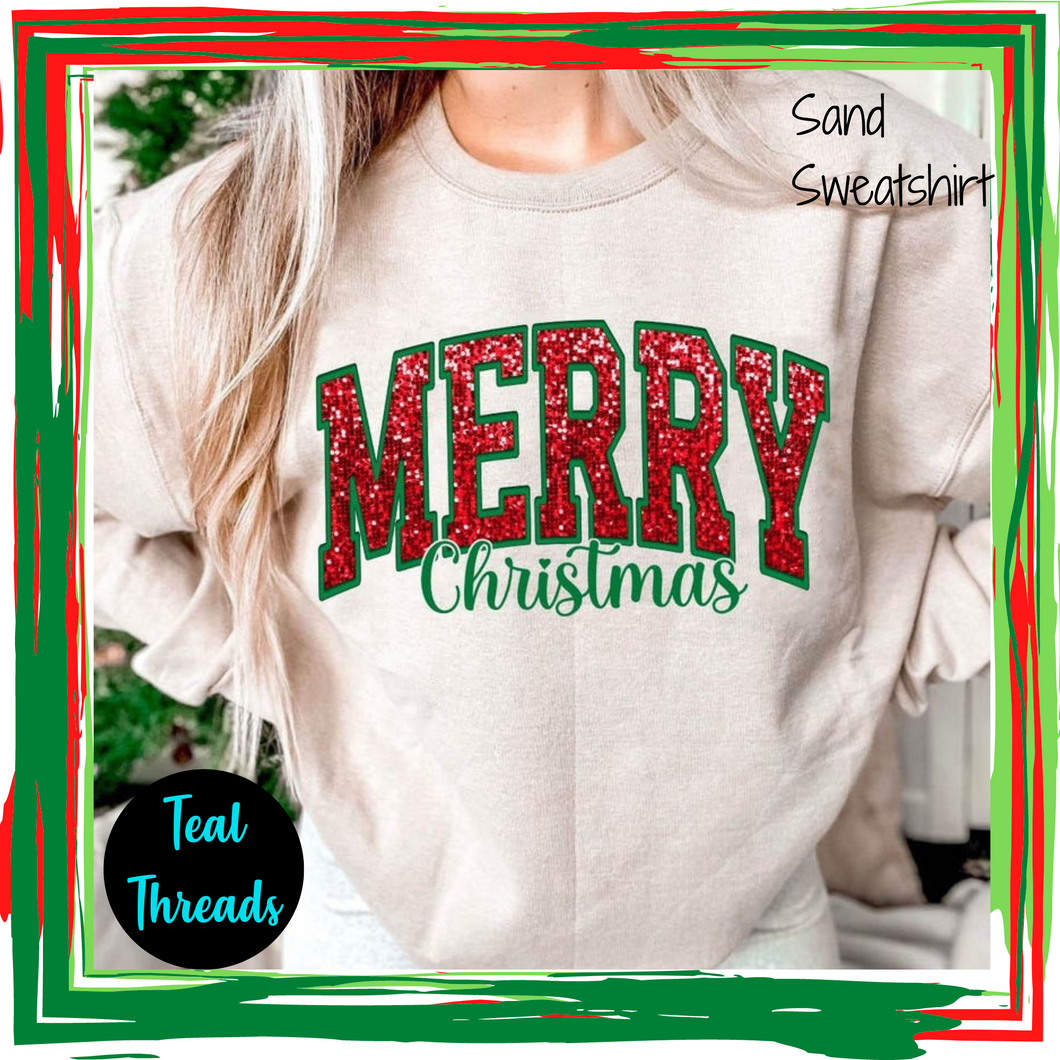 Merry Christmas Red & Green Faux Embroidery/Sequin