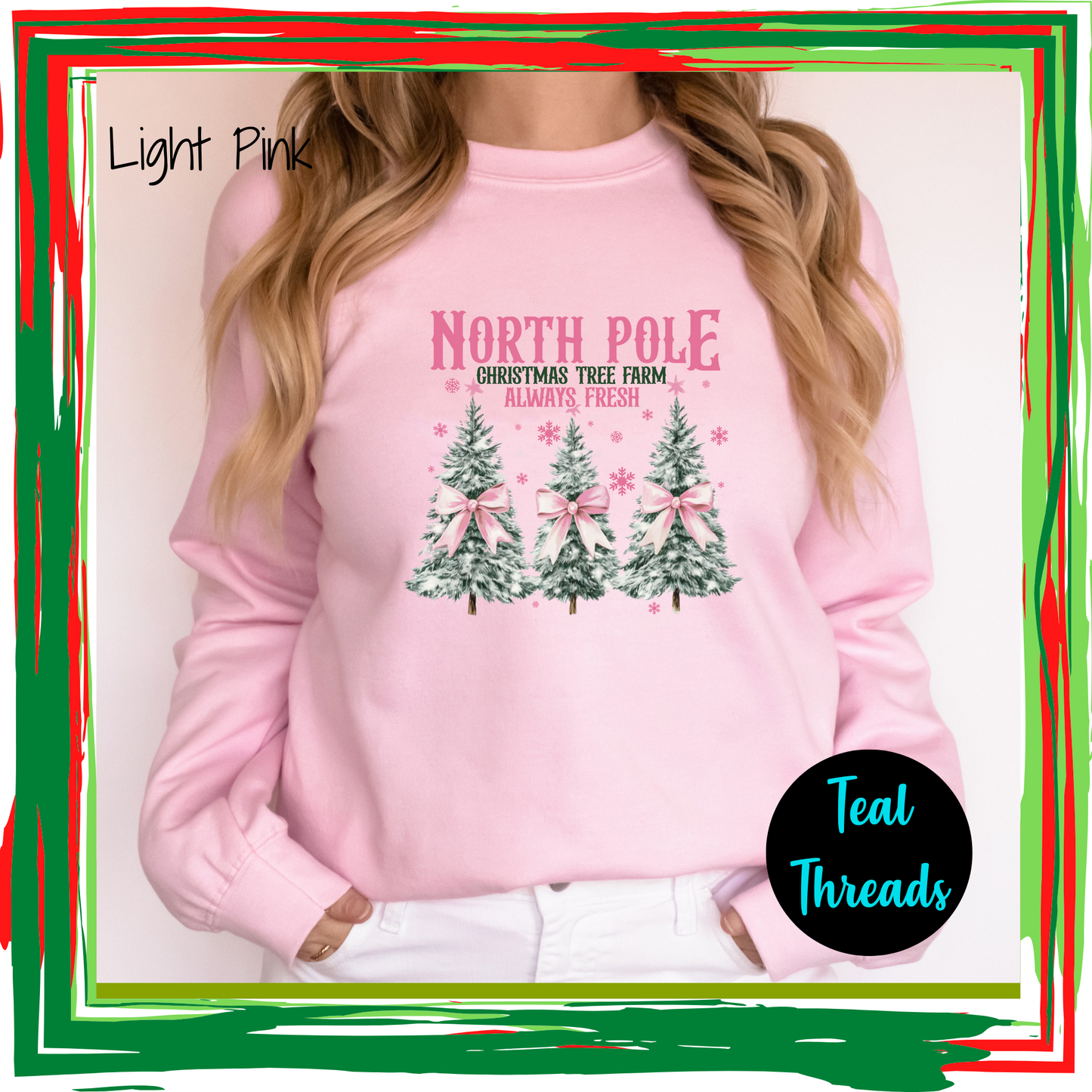 North Pole Watercolor Christmas Trees Pink Bows
