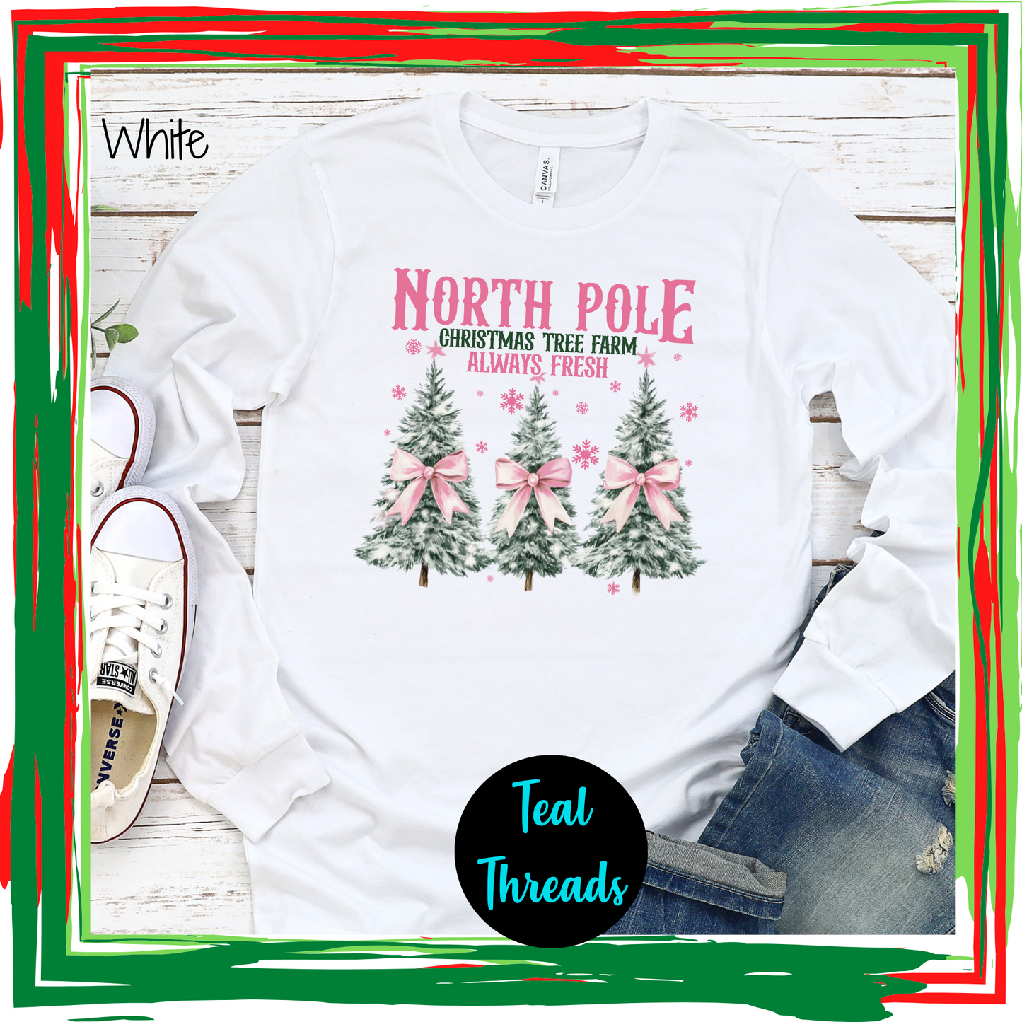 North Pole Watercolor Christmas Trees Pink Bows