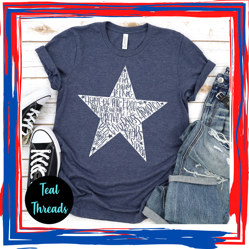 Patriotic Star Word Art on Heather Navy - 2X (Sold as is)